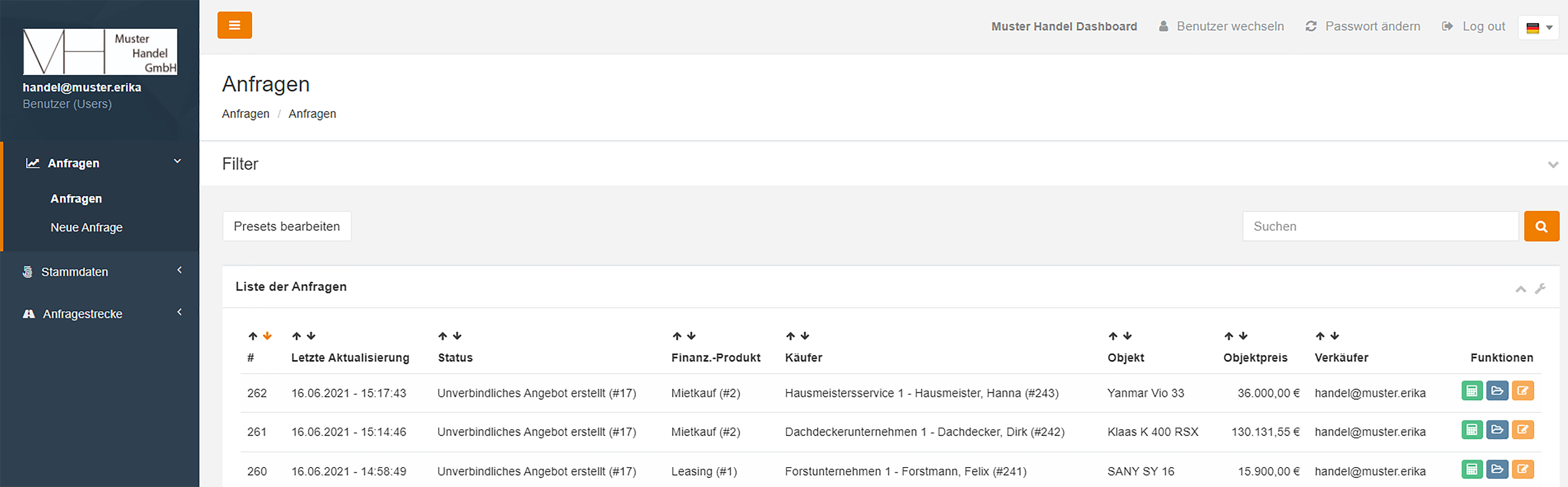 leasinGoPLUS Dashboard zur Absatzfinanzierung für Händler: Anfragen-Übersicht leasinGoPLUS Dashboard zur Absatzfinanzierung für Händler: Anfragen-Übersicht